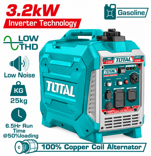 Generador portátil TOTAL Inverter a gasolina con especificaciones anunciadas de 3.2 kW