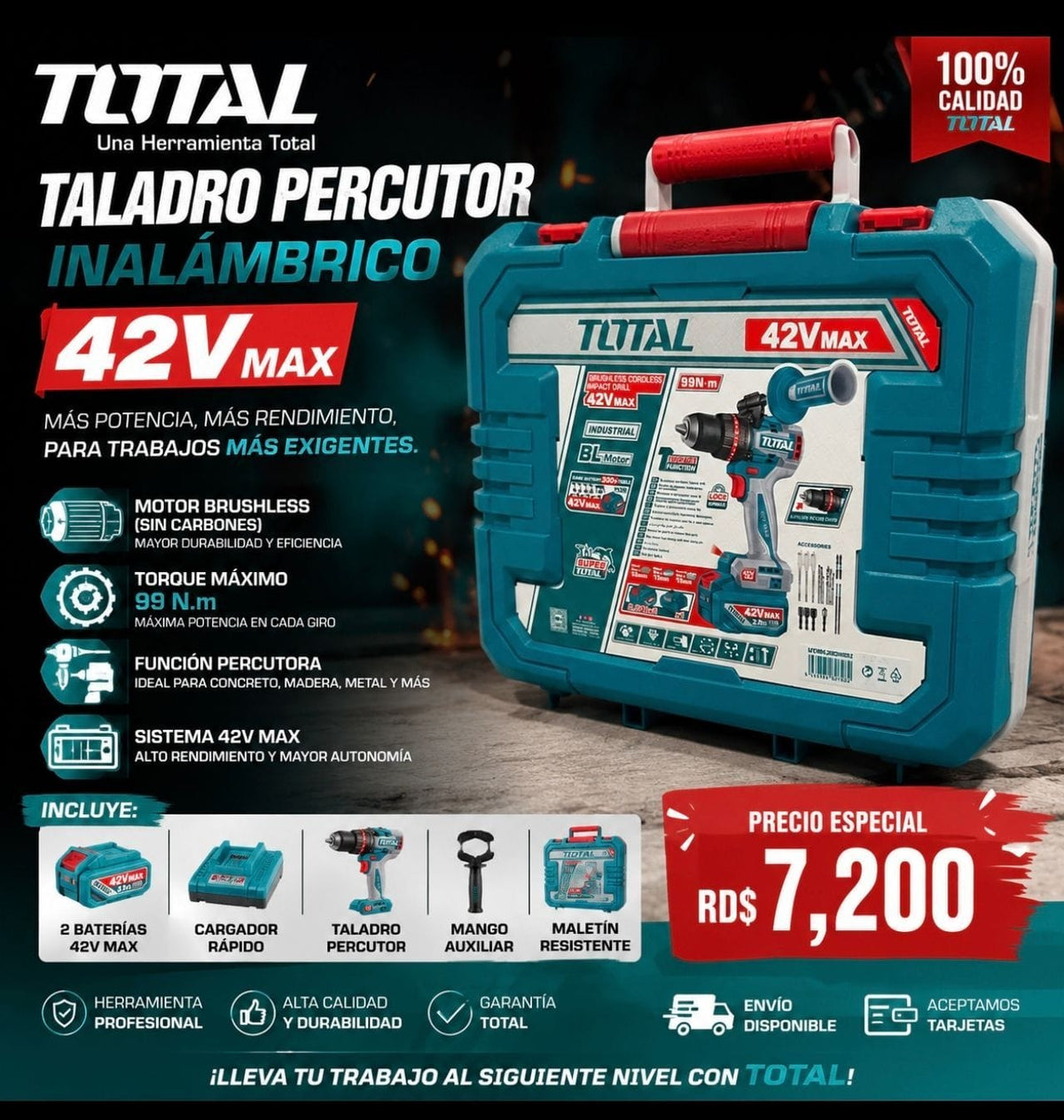 Taladro percutor inalámbrico TOTAL 42V MAX